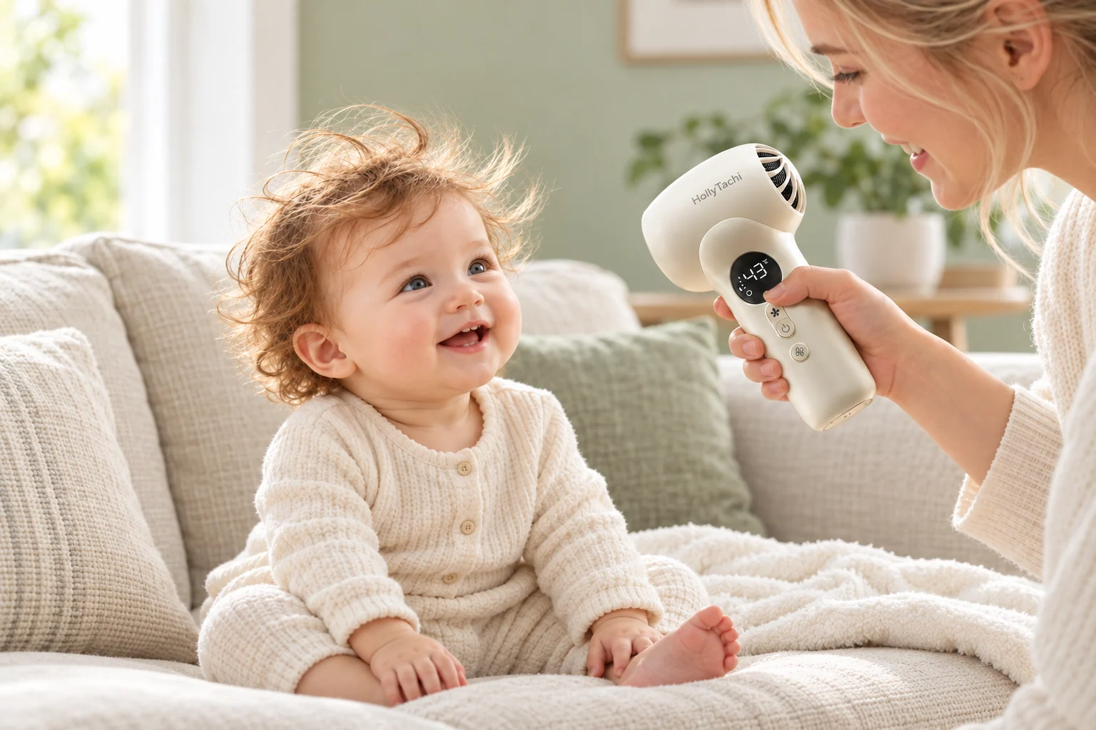 A smiling baby and mother with a HolyTachi hair dryer in a soft sage living room