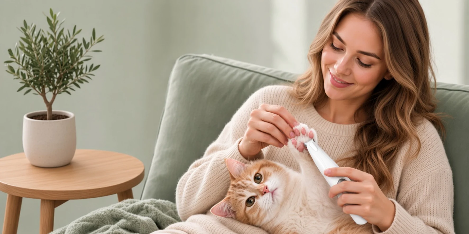 A woman on a sage green sofa trimming the paw fur of a cream and apricot cat in her arms, beside a side table with a potted plant