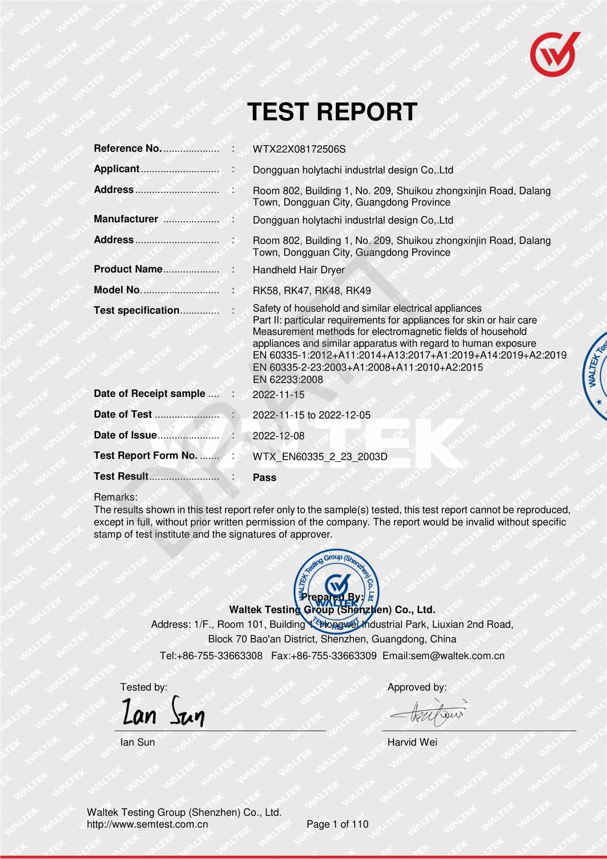 EN 60335 test report cover for a handheld hair dryer