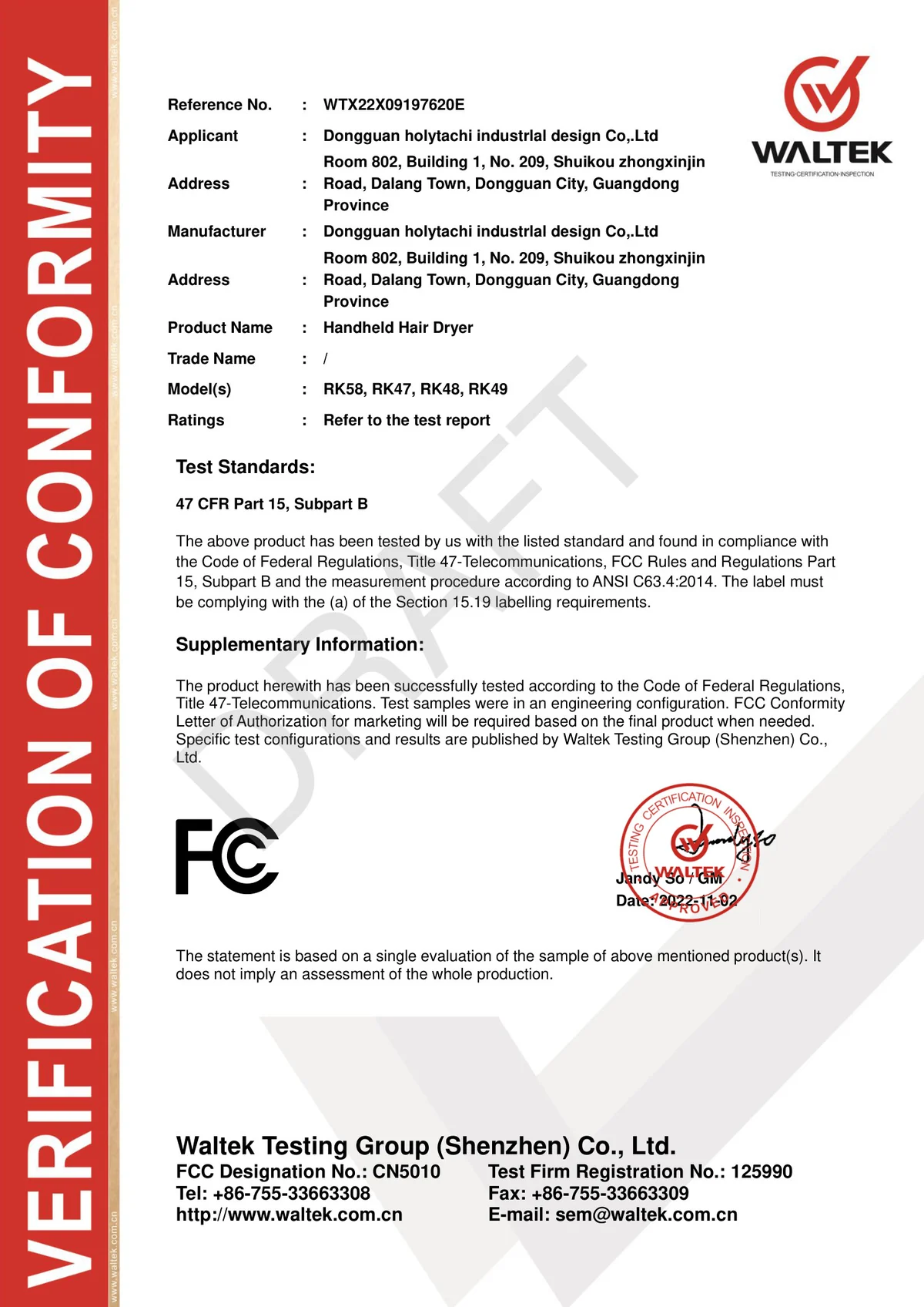 FCC verification of conformity for a handheld hair dryer