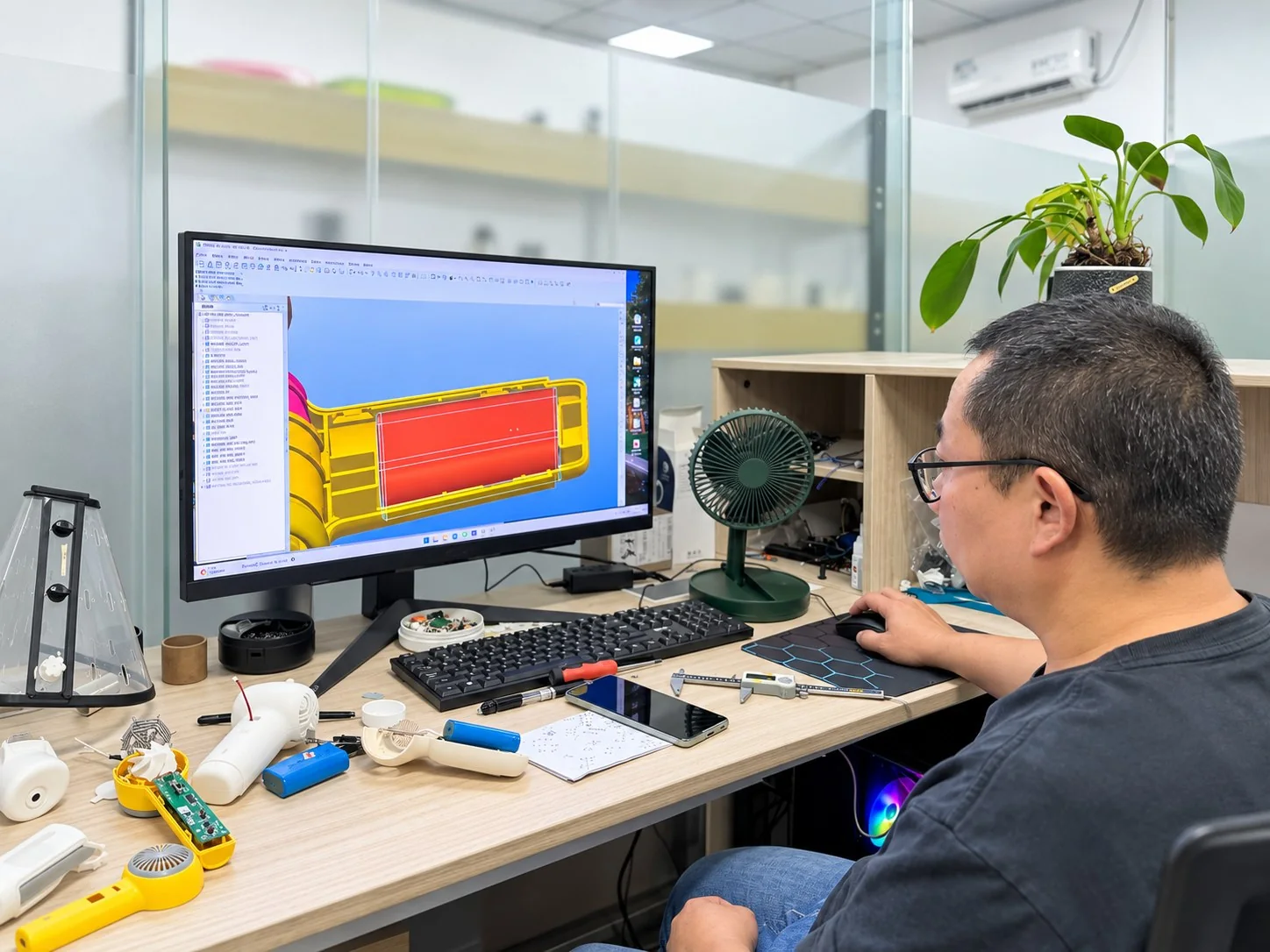 Engineer reviewing a 3D CAD model of a product’s internal structure at HOLYTACHI